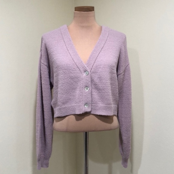 BCBGeneration Cropped Cardigan Sweater Size Large Pastel Purple Fuzzy Texture - Picture 2 of 11